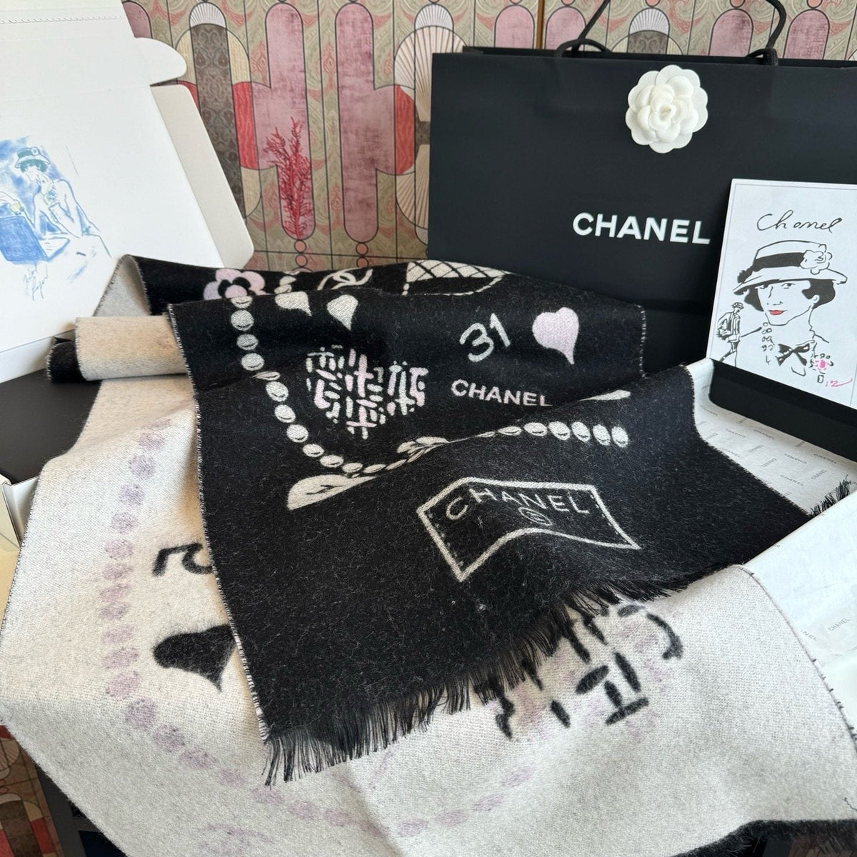 Chanel Pearl Motif Fringe Scarf product image 4, provided for visual reference and product detail review