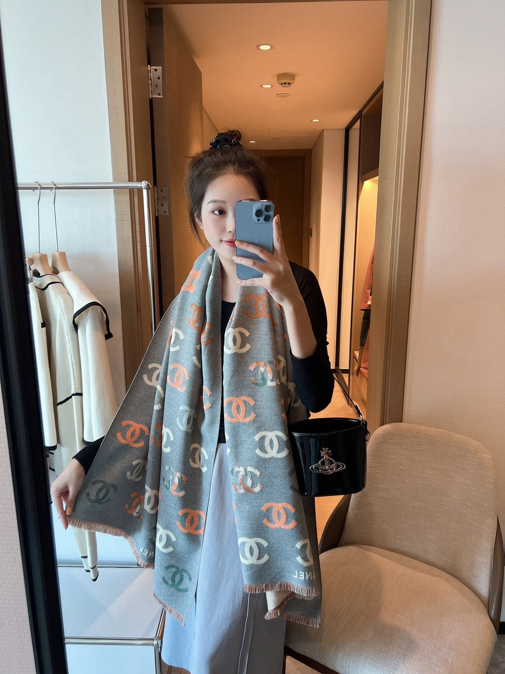 Chanel Patterned Fringed Scarf product image 1, provided for visual reference and product detail review