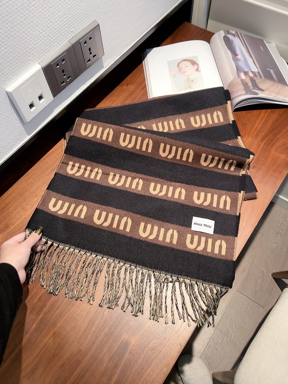 Miu Miu Gray, Black & White Fringed Scarf product image 5, provided for visual reference and product detail review