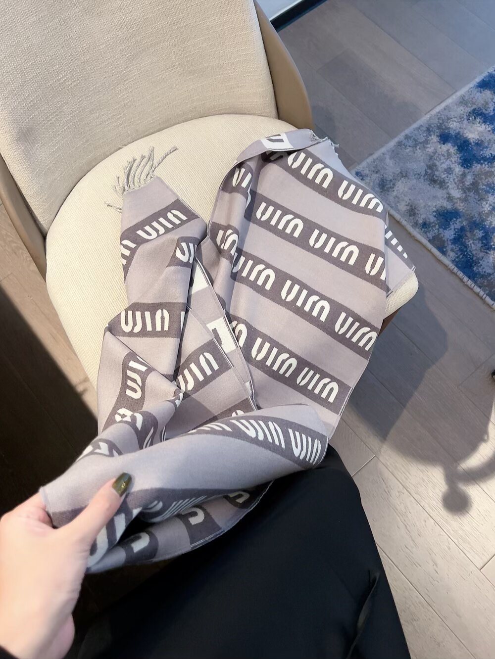 Miu Miu Gray, Black & White Fringed Scarf product image 6, provided for visual reference and product detail review
