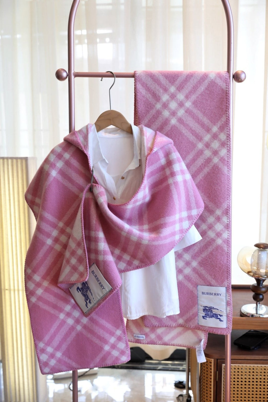 Burberry Hooded Plaid Wrap Scarf - 30 x 180 cm product image 1, provided for visual reference and product detail review