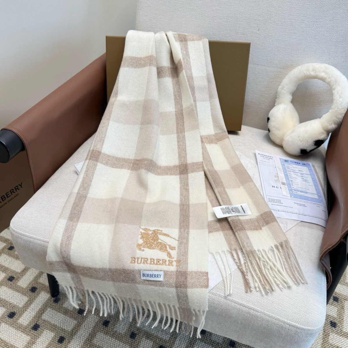 Burberry Cream Taupe Check Fringed Scarf product image 5, provided for visual reference and product detail review