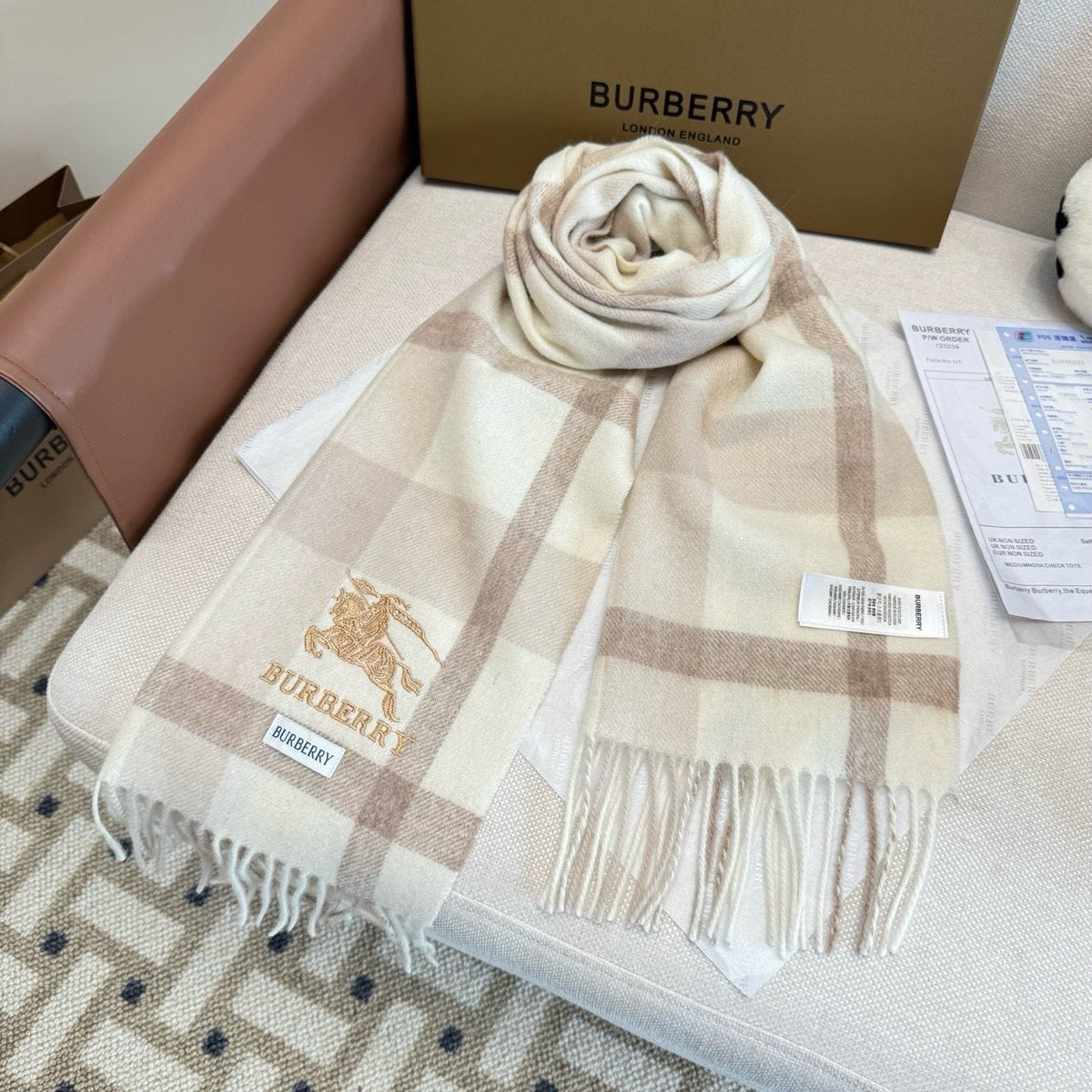 Burberry Cream Taupe Check Fringed Scarf product image 10, provided for visual reference and product detail review