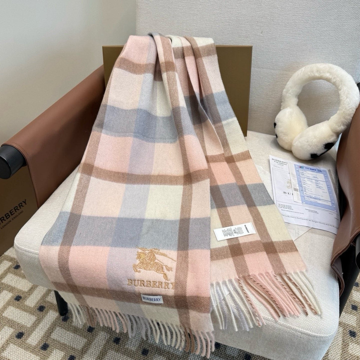 Burberry Cream Taupe Check Fringed Scarf product image 6, provided for visual reference and product detail review