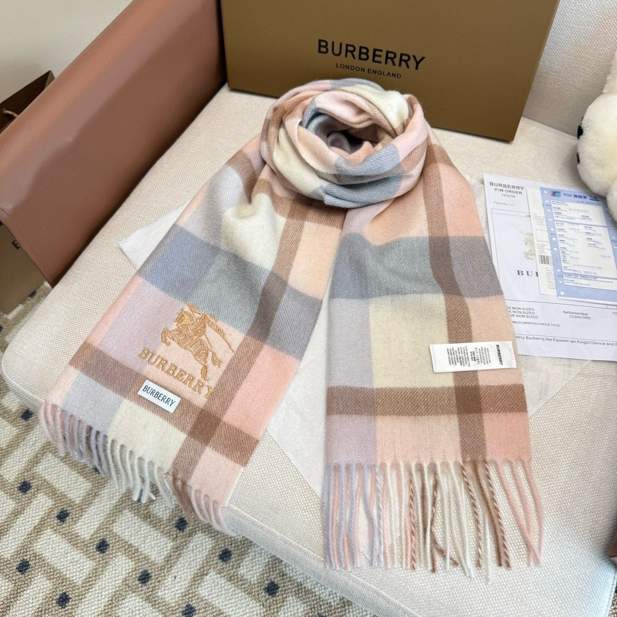 Burberry Cream Taupe Check Fringed Scarf product image 4, provided for visual reference and product detail review