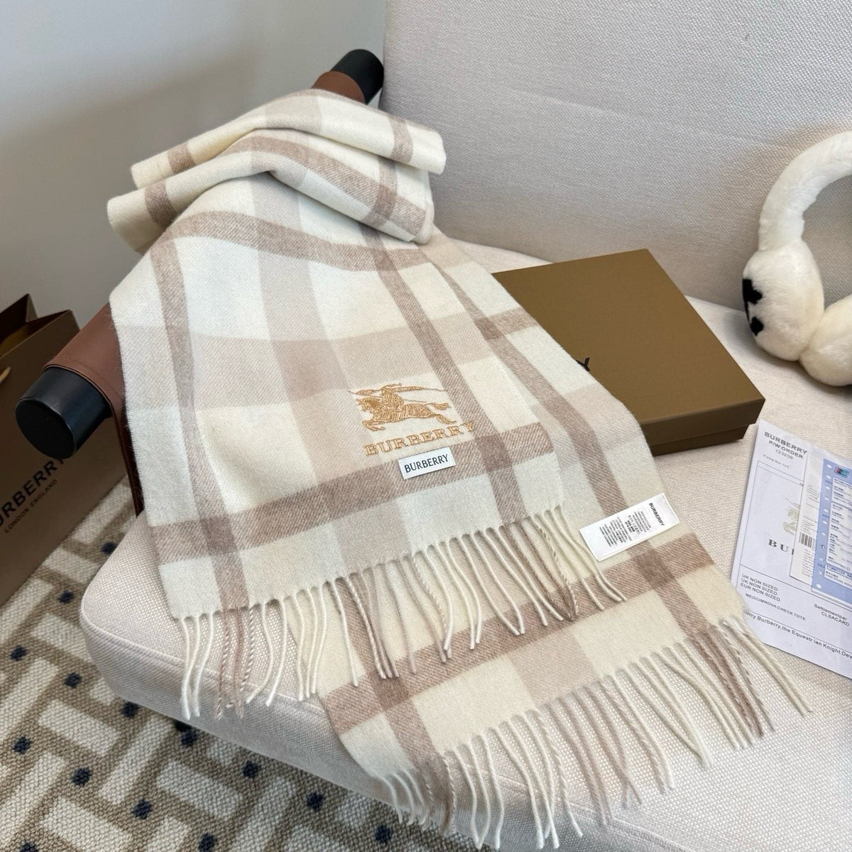 Burberry Cream Taupe Check Fringed Scarf product image 9, provided for visual reference and product detail review