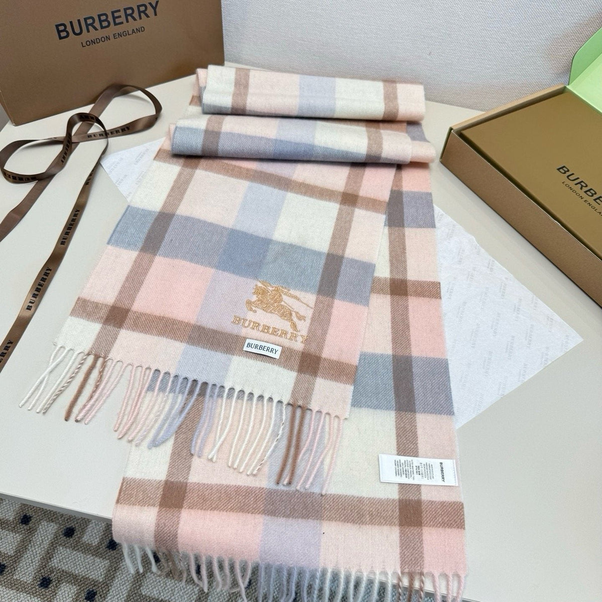 Burberry Cream Taupe Check Fringed Scarf product image 2, provided for visual reference and product detail review