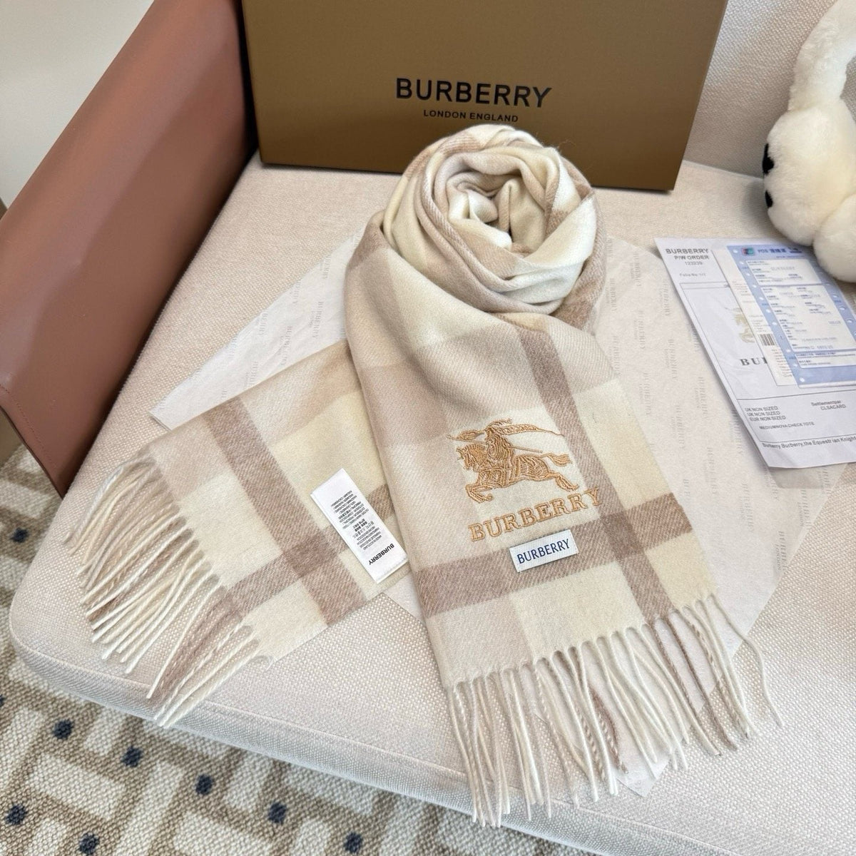 Burberry Cream Taupe Check Fringed Scarf product image 8, provided for visual reference and product detail review