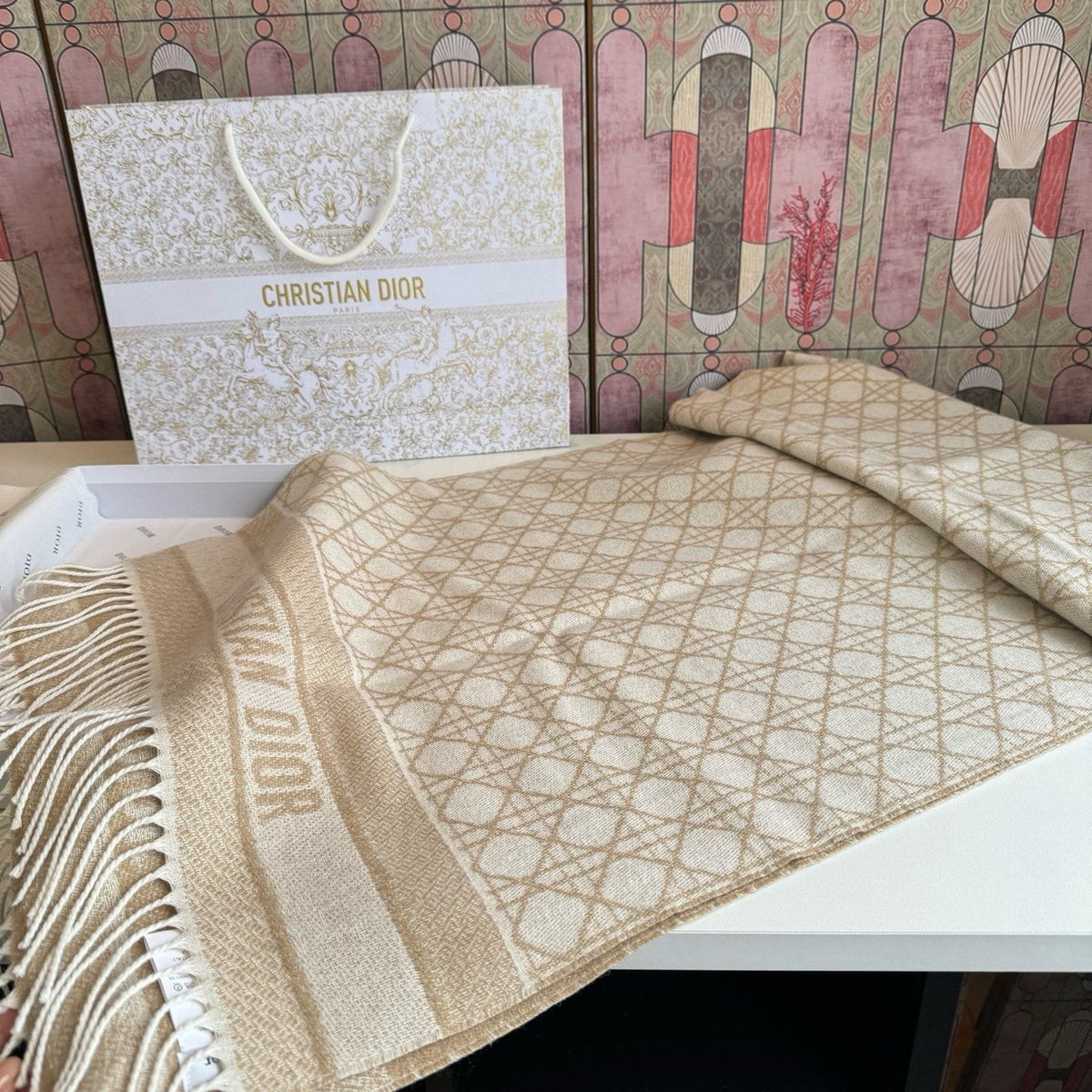 Dior Geometric Woven Scarf with Lettered Border product image 15, provided for visual reference and product detail review