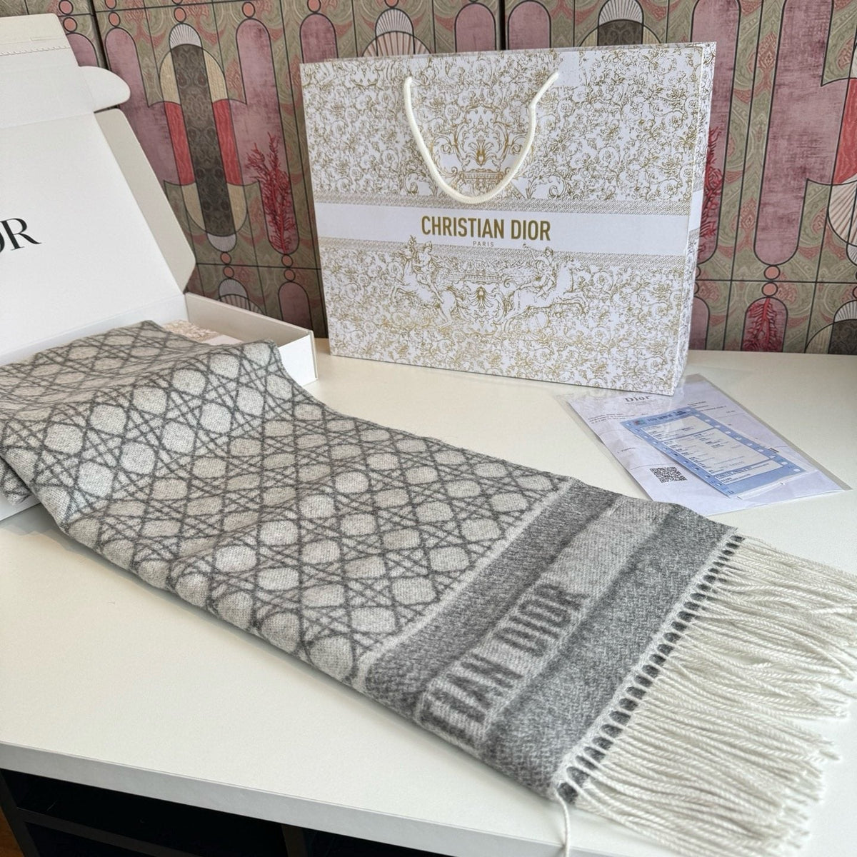 Dior Geometric Woven Scarf with Lettered Border product image 16, provided for visual reference and product detail review