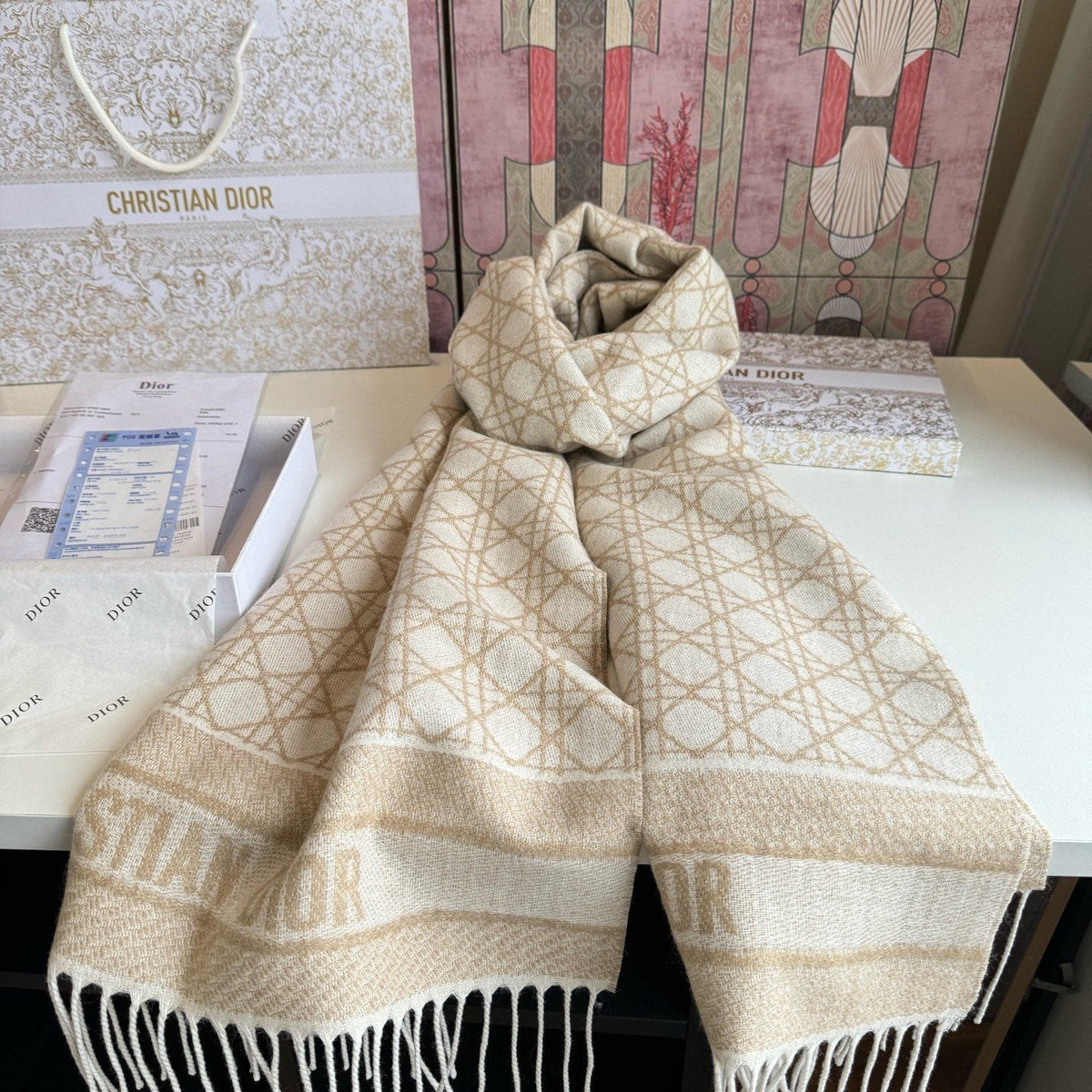 Dior Geometric Woven Scarf with Lettered Border product image 9, provided for visual reference and product detail review
