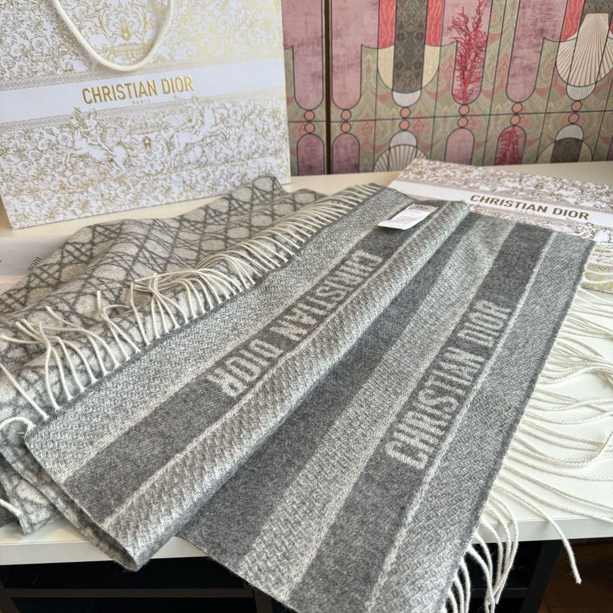 Dior Geometric Woven Scarf with Lettered Border product image 14, provided for visual reference and product detail review