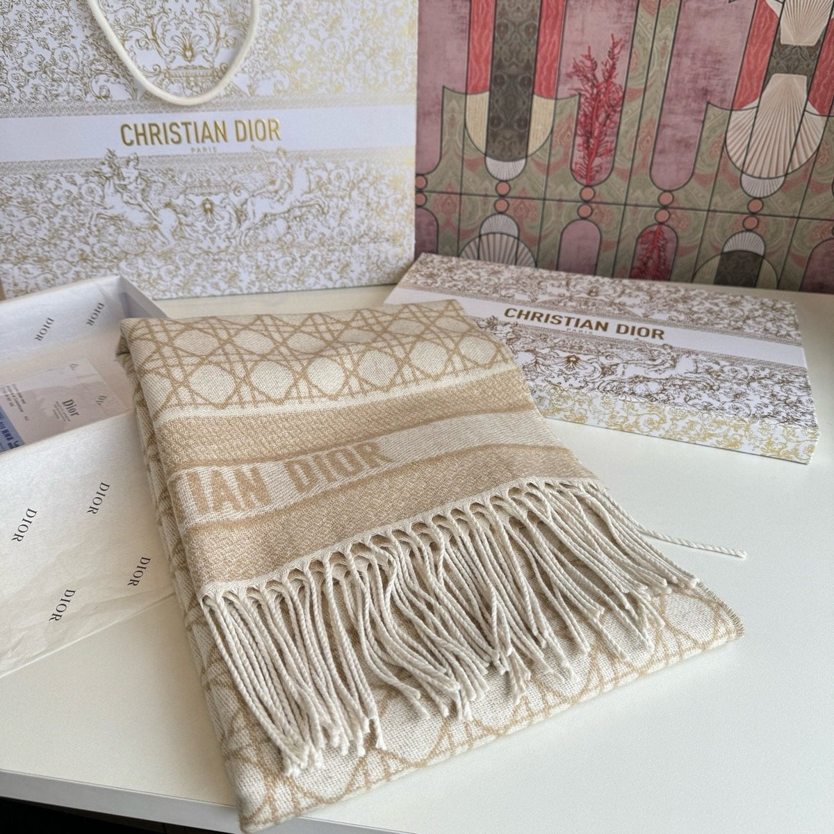 Dior Geometric Woven Scarf with Lettered Border product image 12, provided for visual reference and product detail review