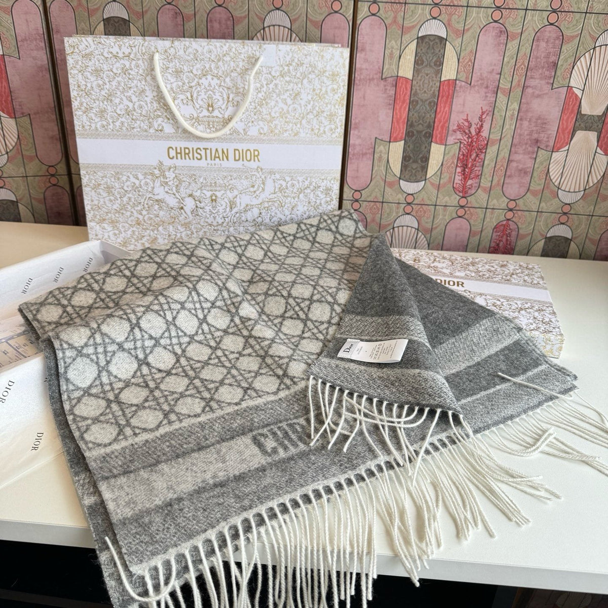 Dior Geometric Woven Scarf with Lettered Border product image 13, provided for visual reference and product detail review