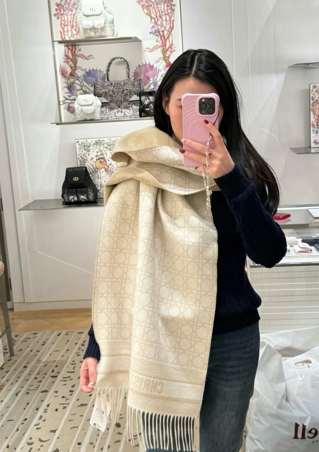 Dior Geometric Woven Scarf with Lettered Border product image 5, provided for visual reference and product detail review